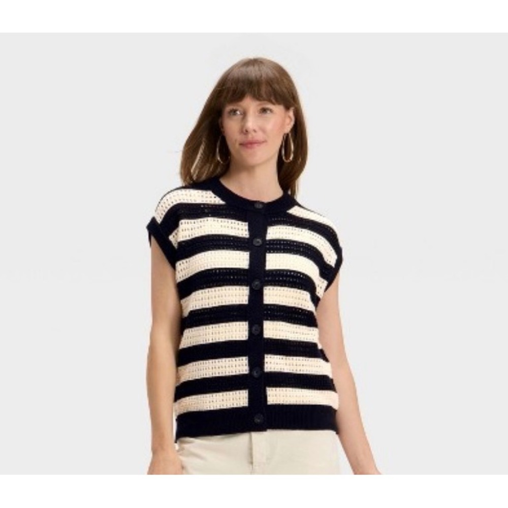 Universal Thread Black & Cream Striped Crochet Knit Button Front Vest Small